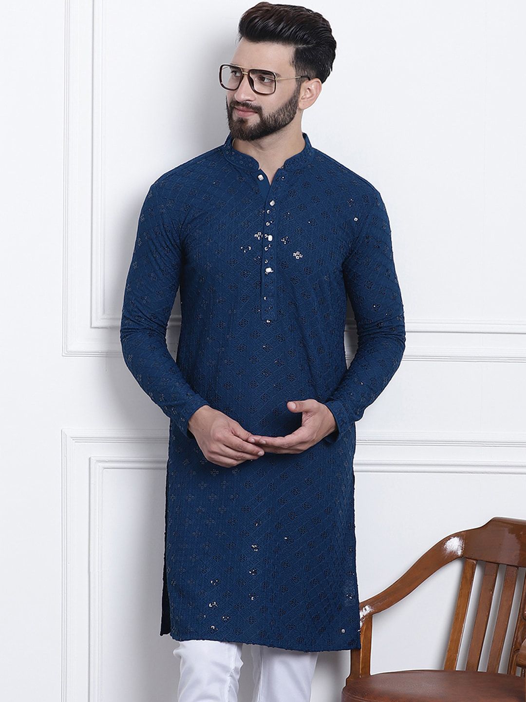SOJANYA Kurta Kapas Tulen Kolar Mandarin Dihiasi