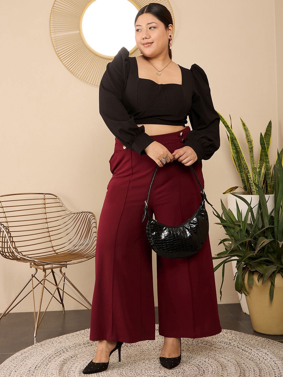 Berrylush Curve Sweetheart Neck Bishop Sleeves Plus Size Crop Top
