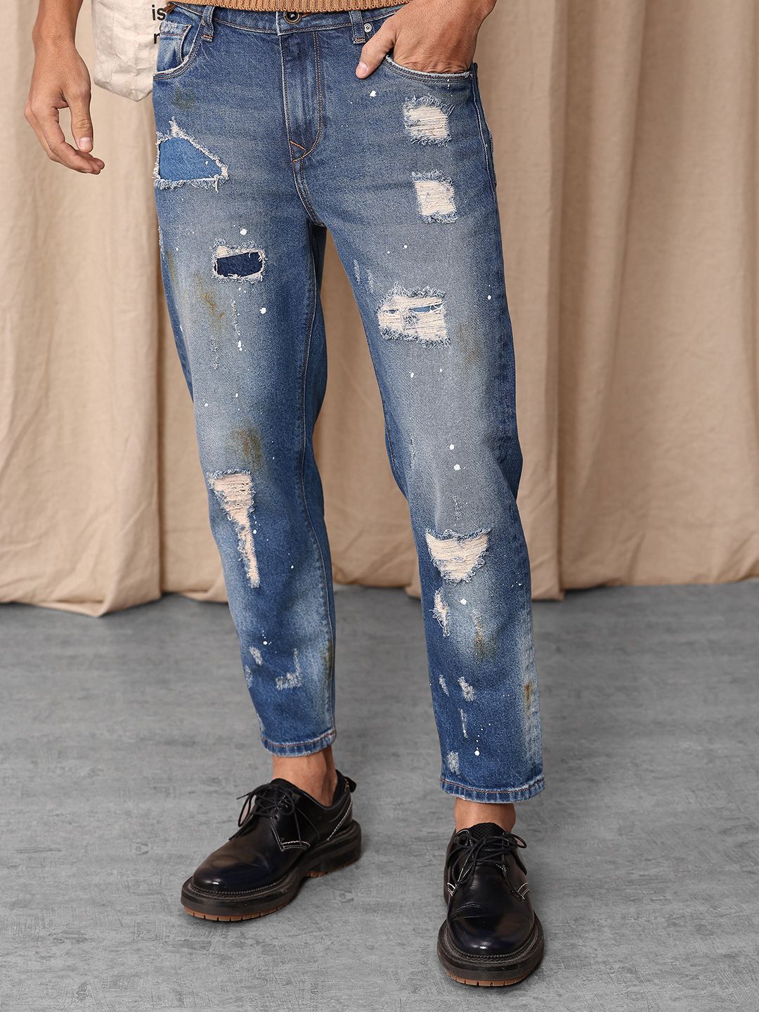 Mr Bowerbird Men Cropped Tapered Fit Mildly Distressed Heavy Fade Printed Jeans