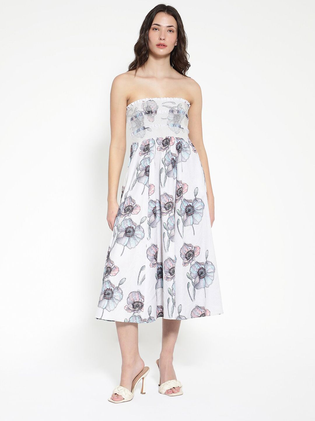 Rareism Off Shouler Floral Printed Cotton Fit & Flare Midi Dress