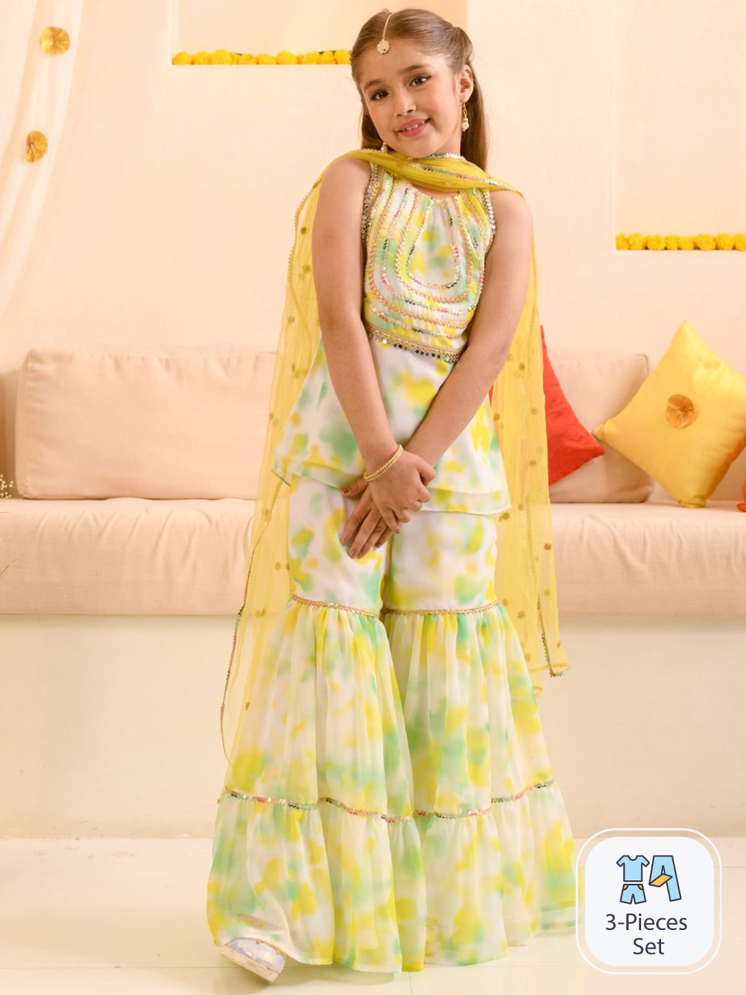 pspeaches Girls Dyed Regular Gotta Patti Kurta with Sharara & Dupatta