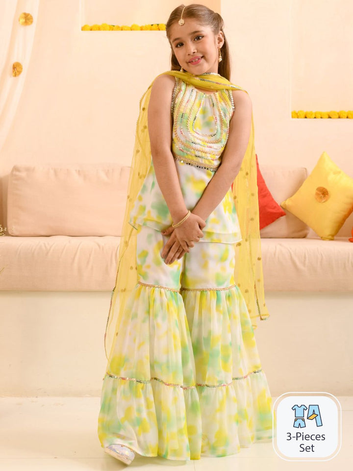 pspeaches Girls Dyed Regular Gotta Patti Kurta with Sharara & Dupatta