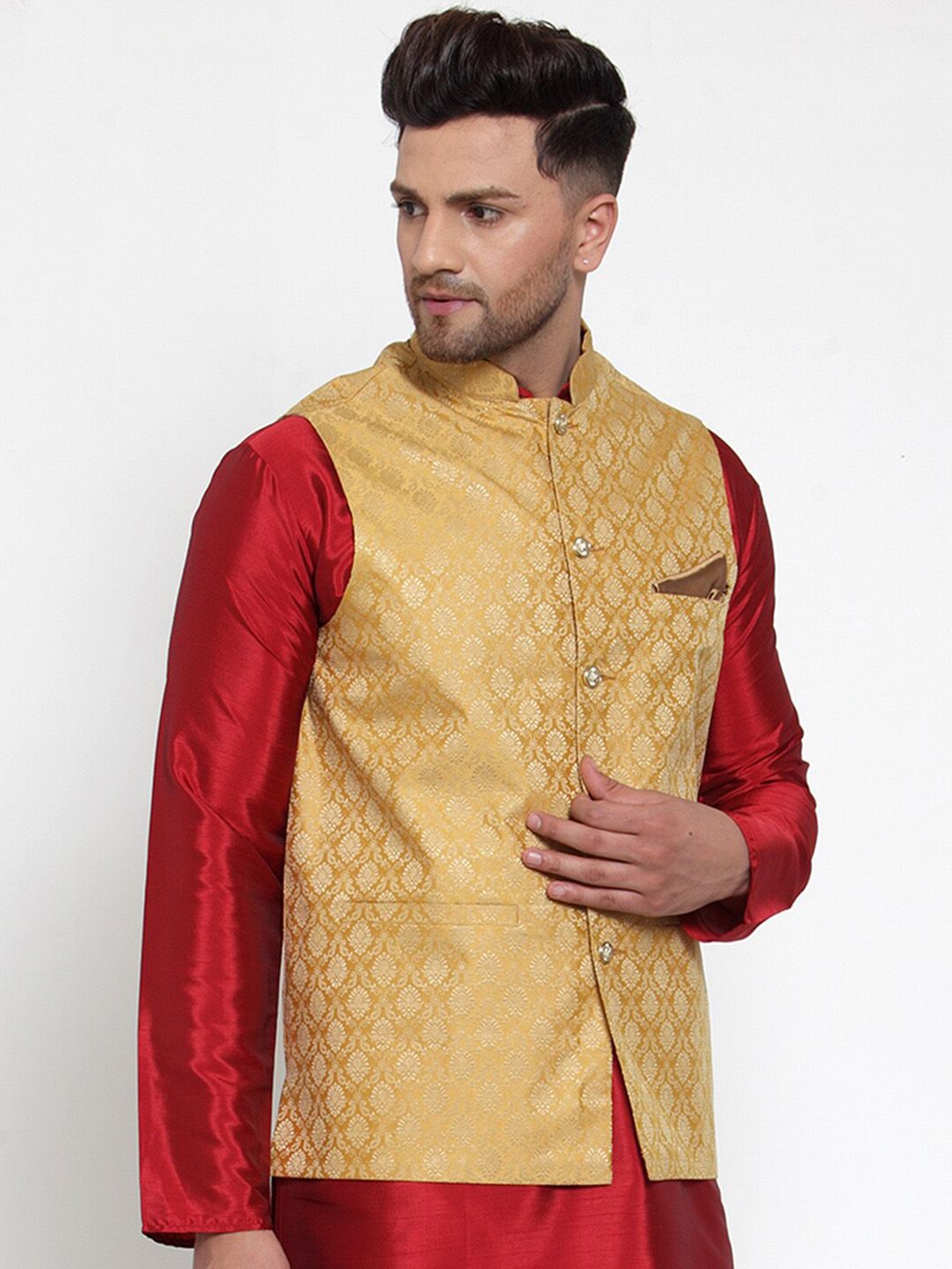 Jompers Men Gold-Coloured & Beige Woven Design Nehru Jacket