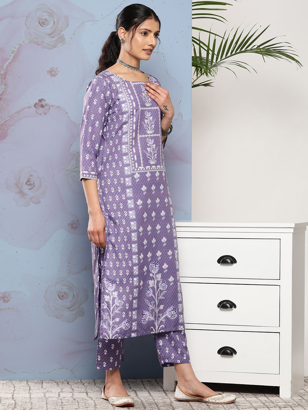 Varanga Women Lavender Ethnic Motifs Printed Kurta with Trousers
