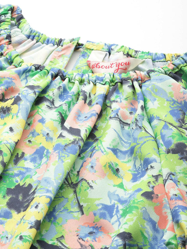 all about you Floral Print Cinched Waist Raglan Puffed Sleeves Top