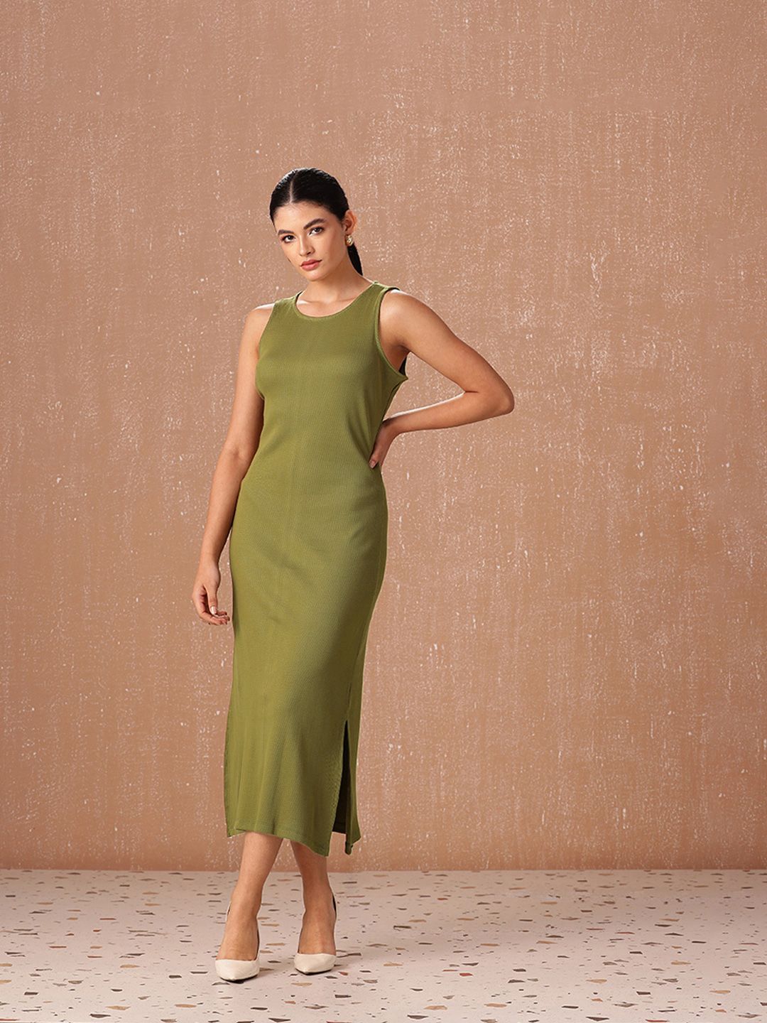 all about you Pure Cotton Ribbed Sleeveless Side Slits Sheath Midi Dress
