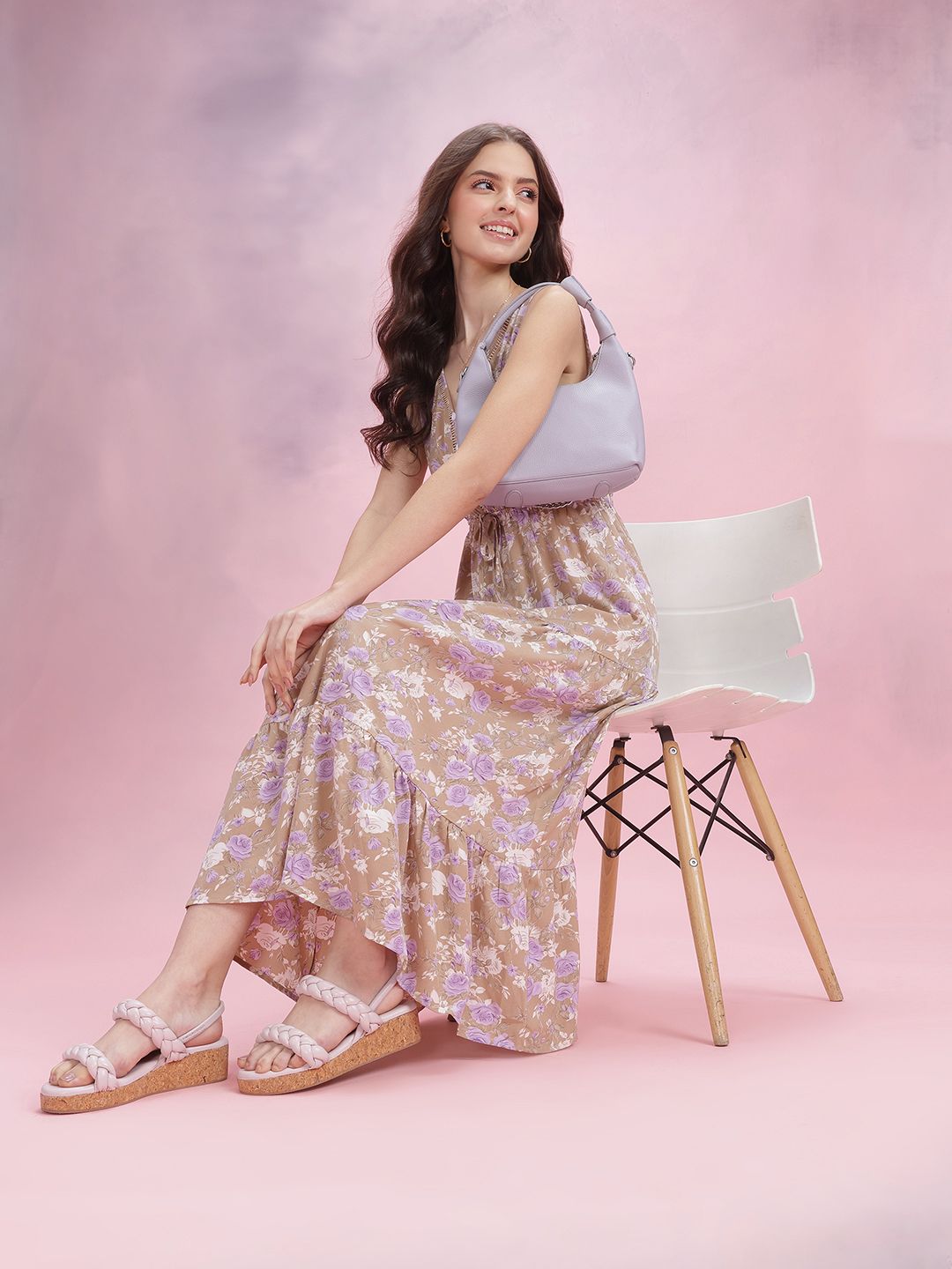 DressBerry V-Neck Floral Printed Tired A-Line Midi Dress