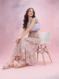 DressBerry V-Neck Floral Printed Tired A-Line Midi Dress