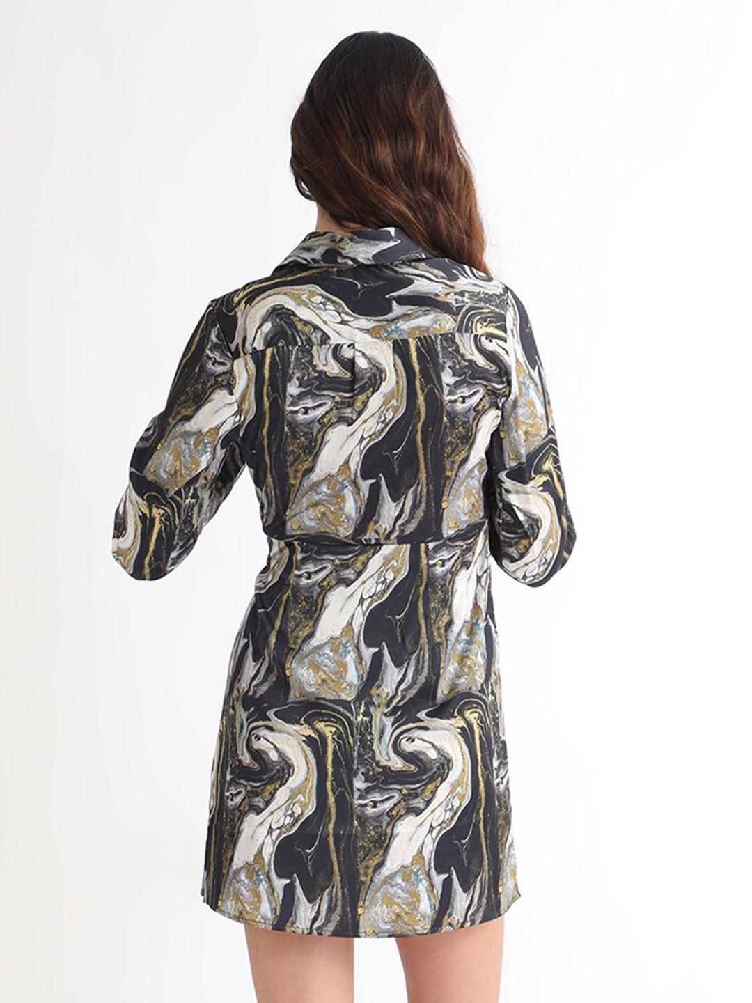 RAREISM Abstract Printed Shirt Collar Cuffed Sleeves Wrap Mini Dress