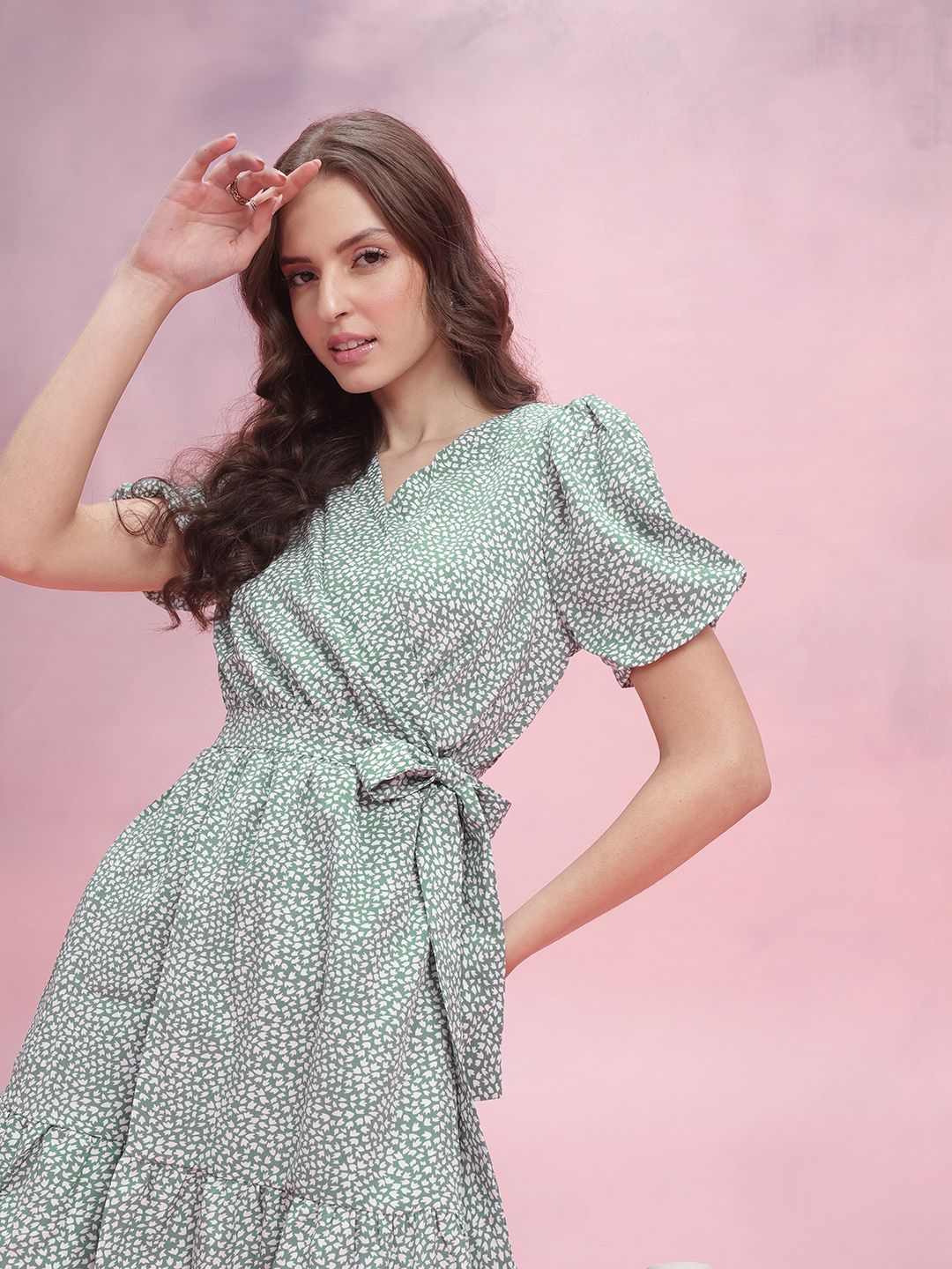 DressBerry Micro Ditsy Print Ruffle Detail Wrap Dress