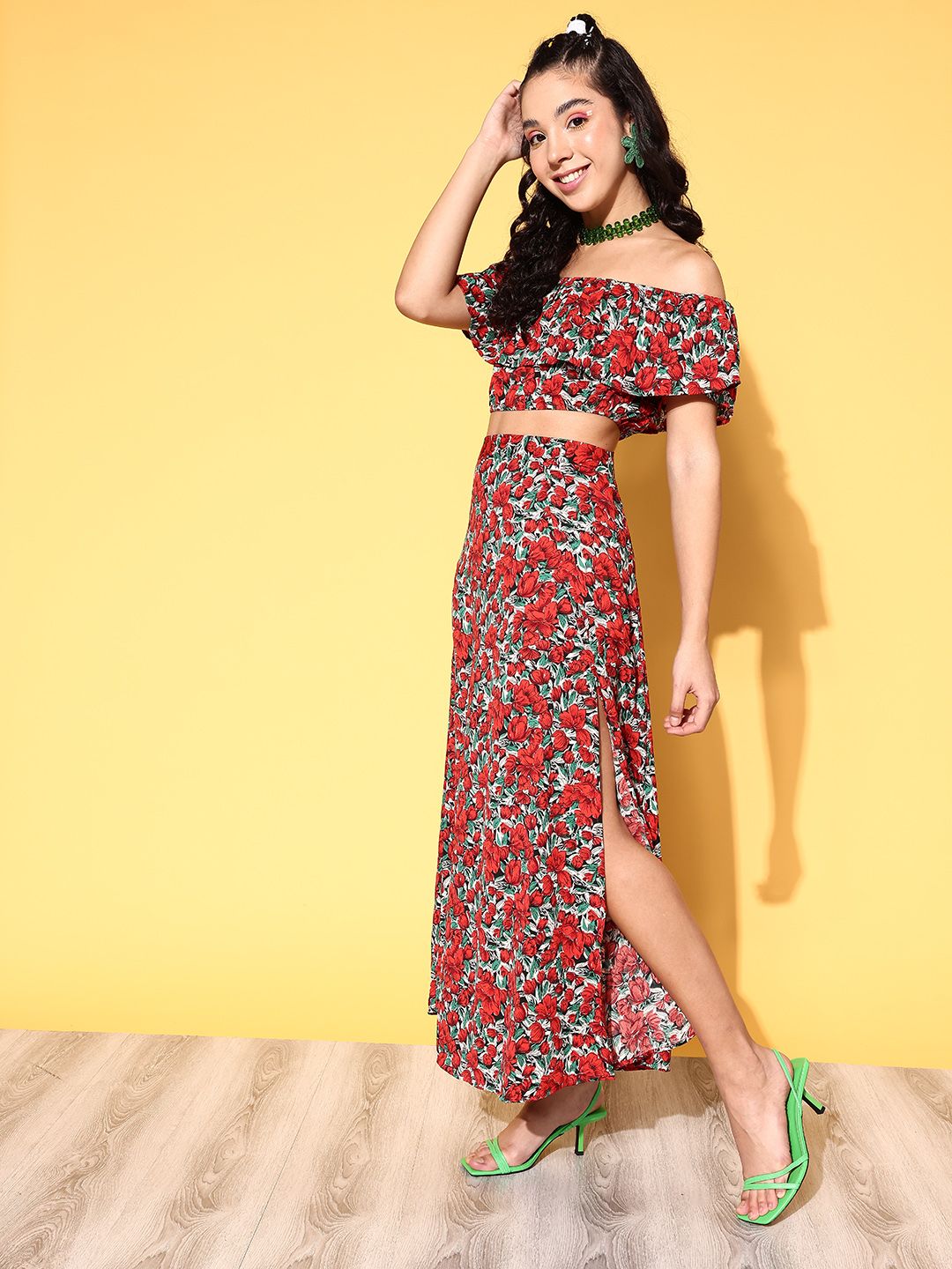 Berrylush Women Deep Red Printed Top with Skirt