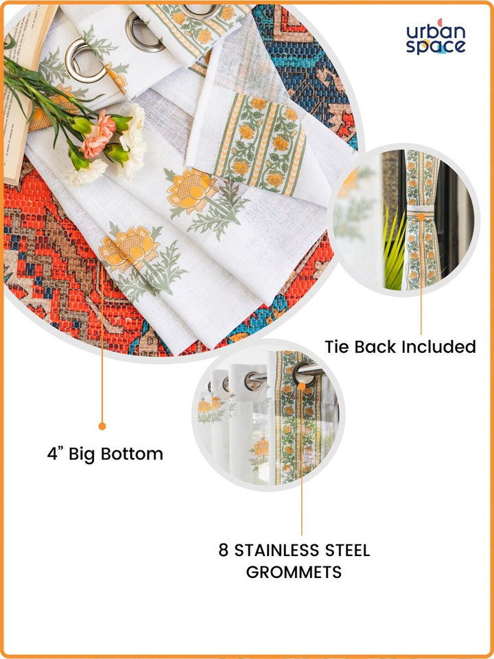 URBAN SPACE White & Yellow 2 Pieces Floral Sheer Window Curtains