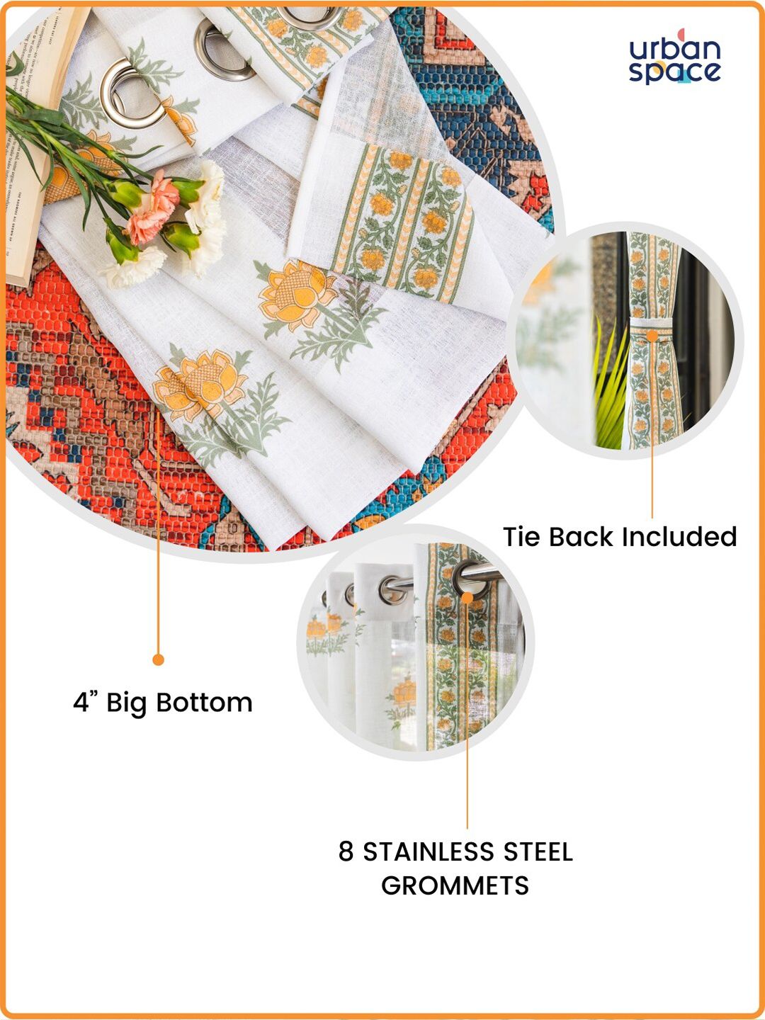 URBAN SPACE White & Yellow 2 Pieces Floral Sheer Window Curtains