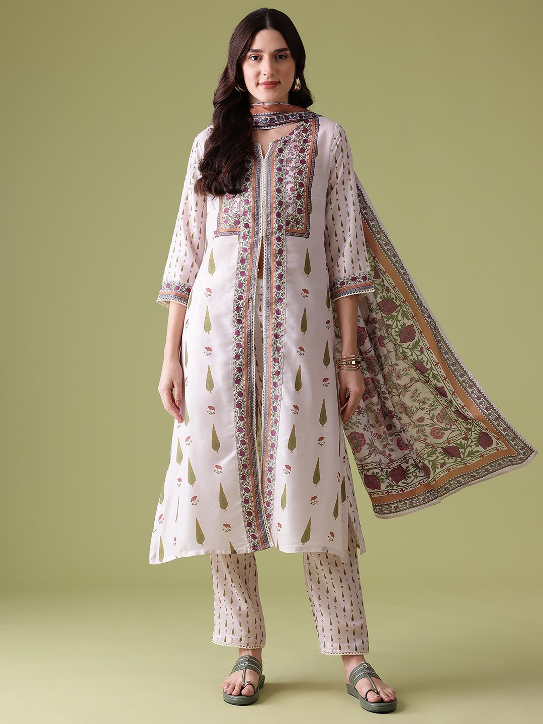 Anouk Floral Printed Pure Cotton Kurta With Trousers & With Dupatta