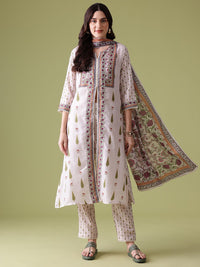 Anouk Floral Printed Pure Cotton Kurta With Trousers & With Dupatta