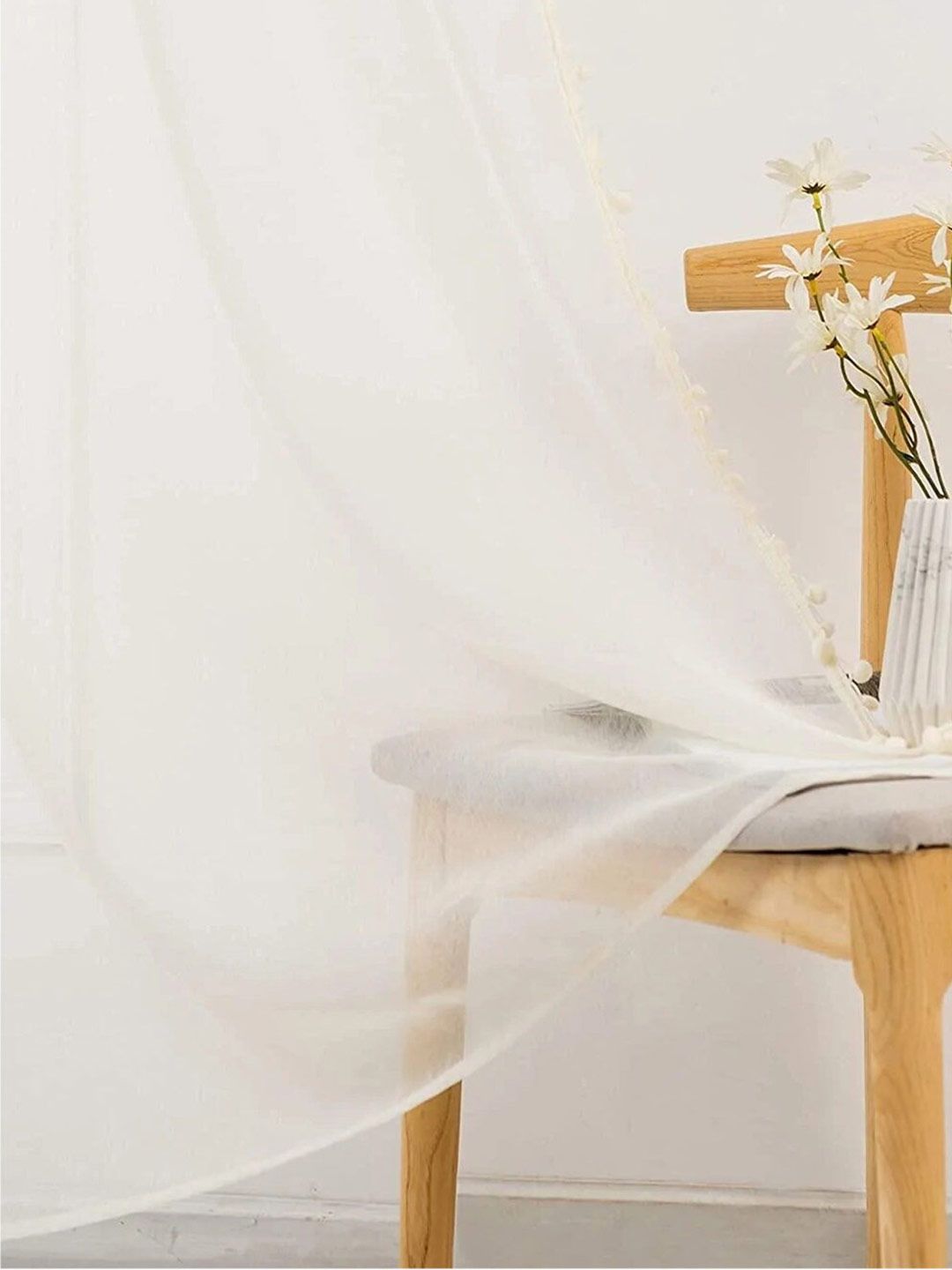 URBAN SPACE Cream-Coloured 2 Pieces Sheer Long Door Curtain