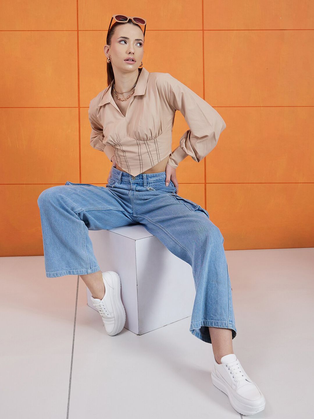 STREET 9 Beige Shirt Collar Pure Cotton Crop Corset Top