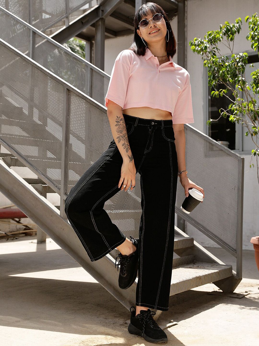 STREET 9 Women Black Relaxed Straight Leg Loose Fit High-Rise Pure Cotton Trousers