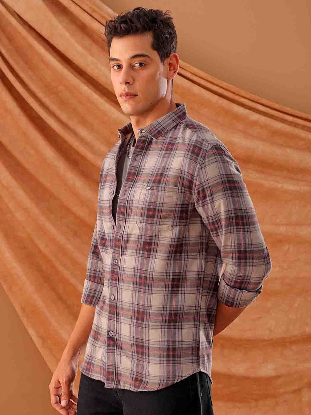 The Indian Garage Co. Spread Collar Slim Fit Tartan Checks Cotton Casual Shirt