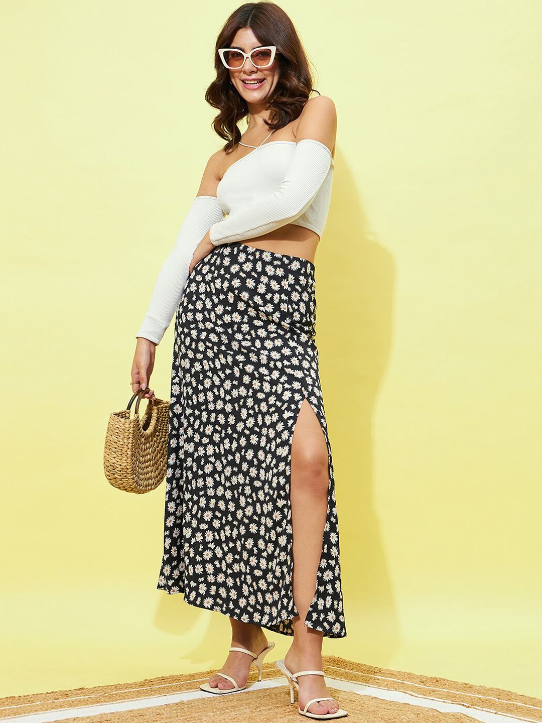 Berrylush Floral Printed Side Slit A-Line Maxi Skirt