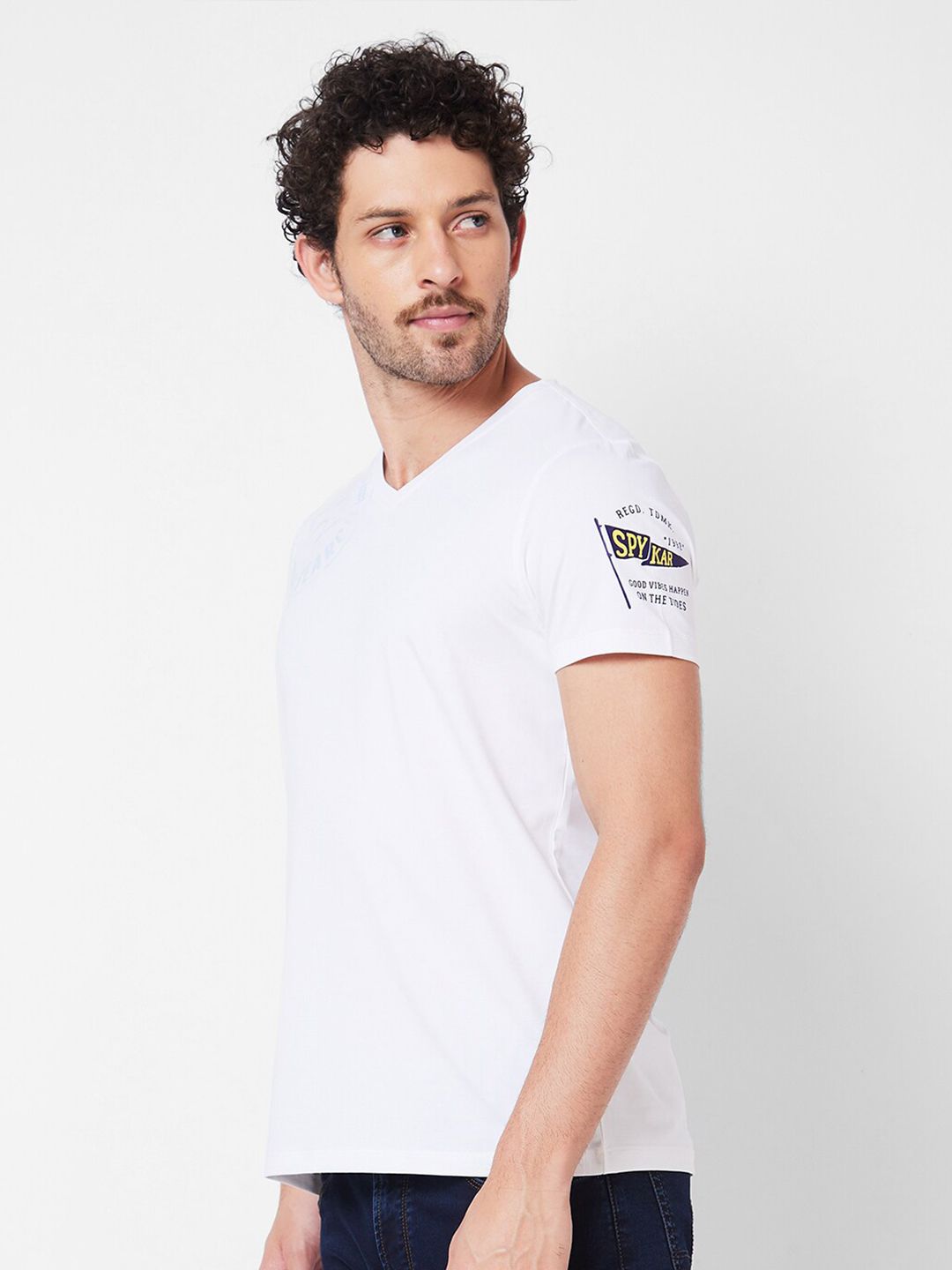 SPYKAR Typography Printed V-Neck Half Sleeves Slim Fit Cotton Casual T-shirt