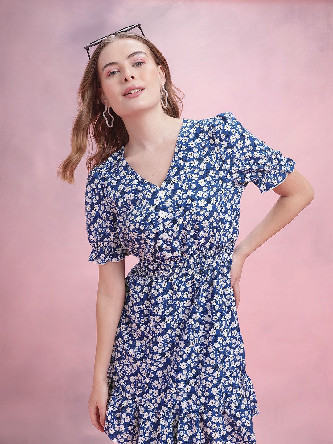 DressBerry Floral Print Smocked Puff Sleeves A-Line Mini Dress with Buttons