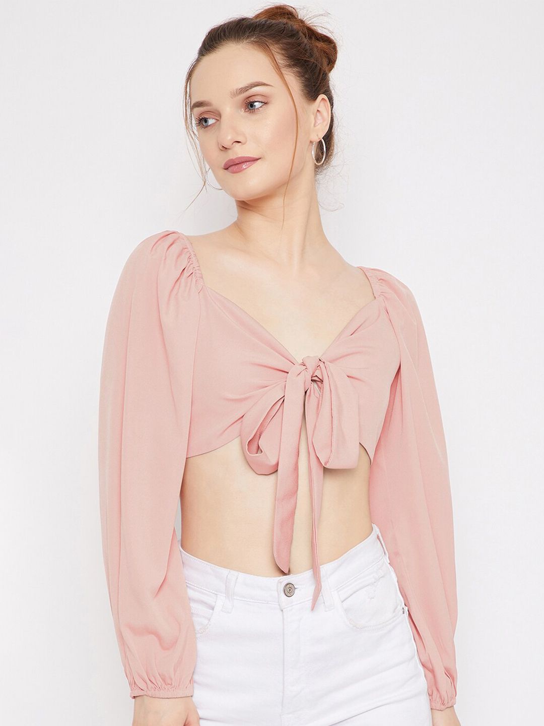 Berrylush Pink Sweetheart Neck Crepe Fitted Crop Top