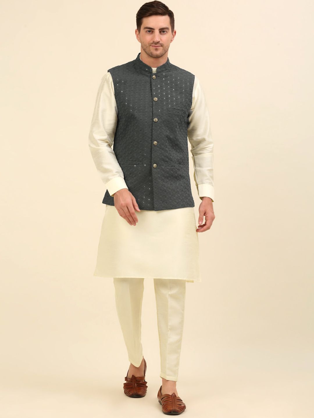 Anouk Grey Embroidered Sequinned Nehru Jacket