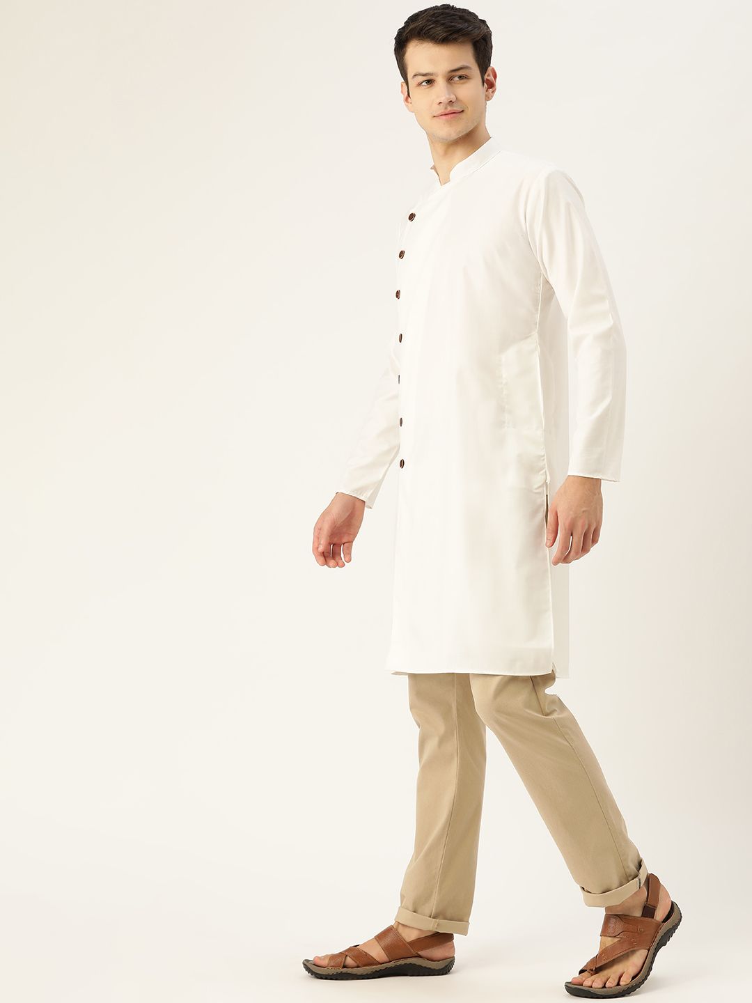 SOJANYA Men White Solid Angrakha Straight Kurta