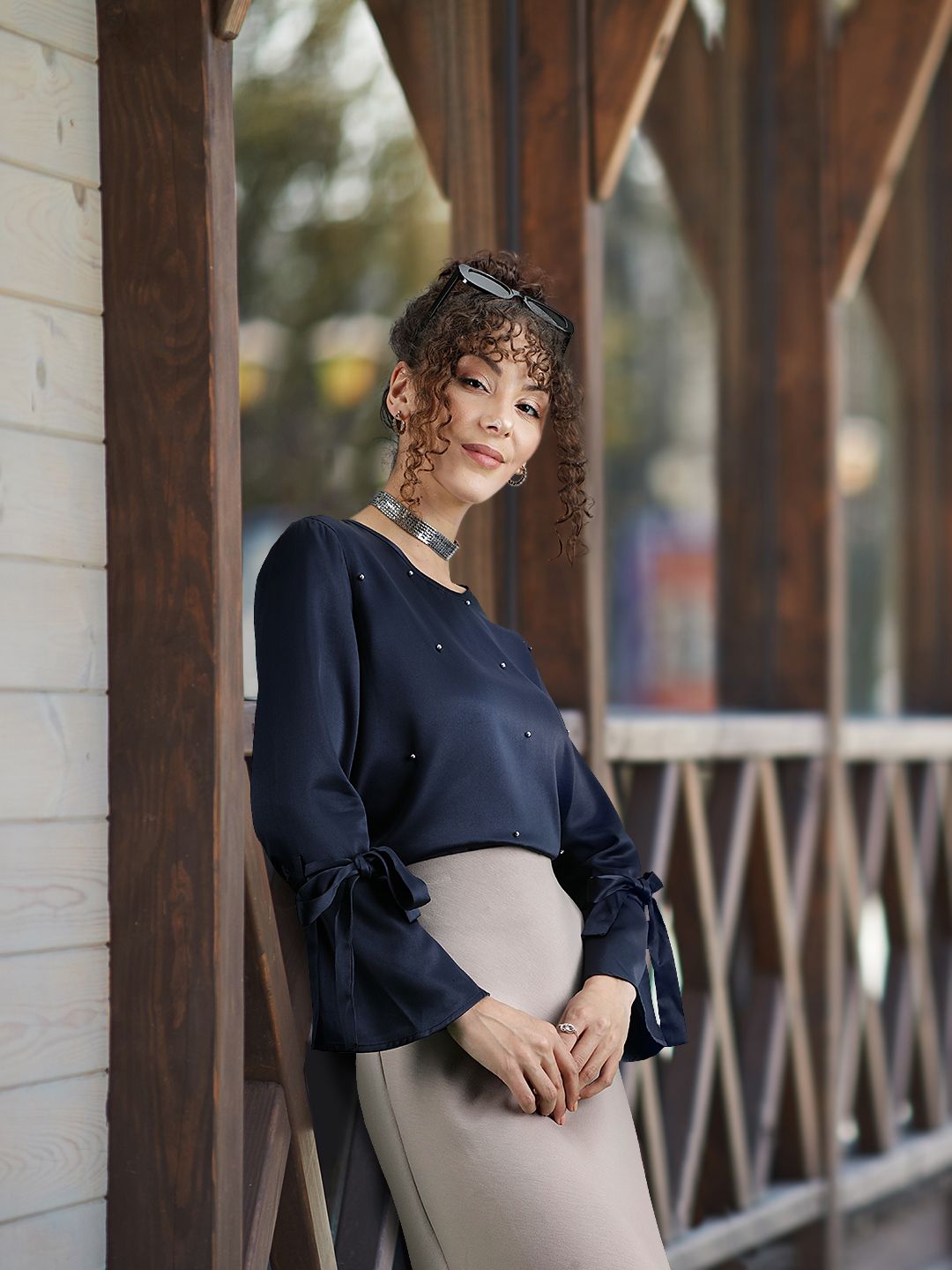 STREET 9 Women Navy Blue Satin Embellished Top