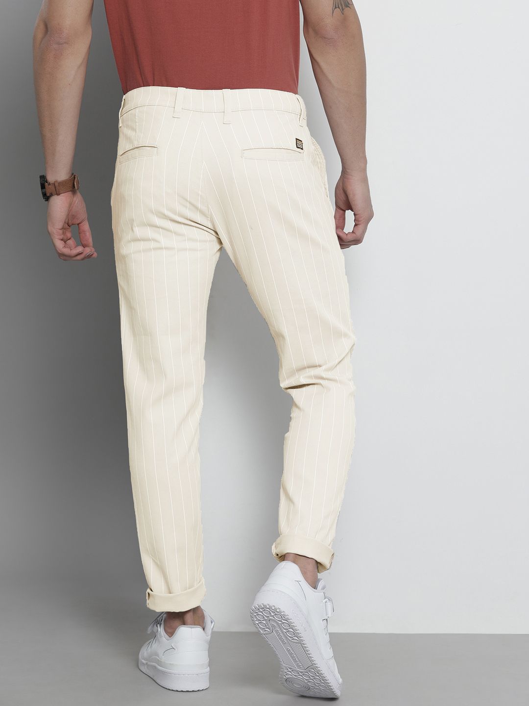 The Indian Garage Co Men Beige Striped Slim Fit Trousers