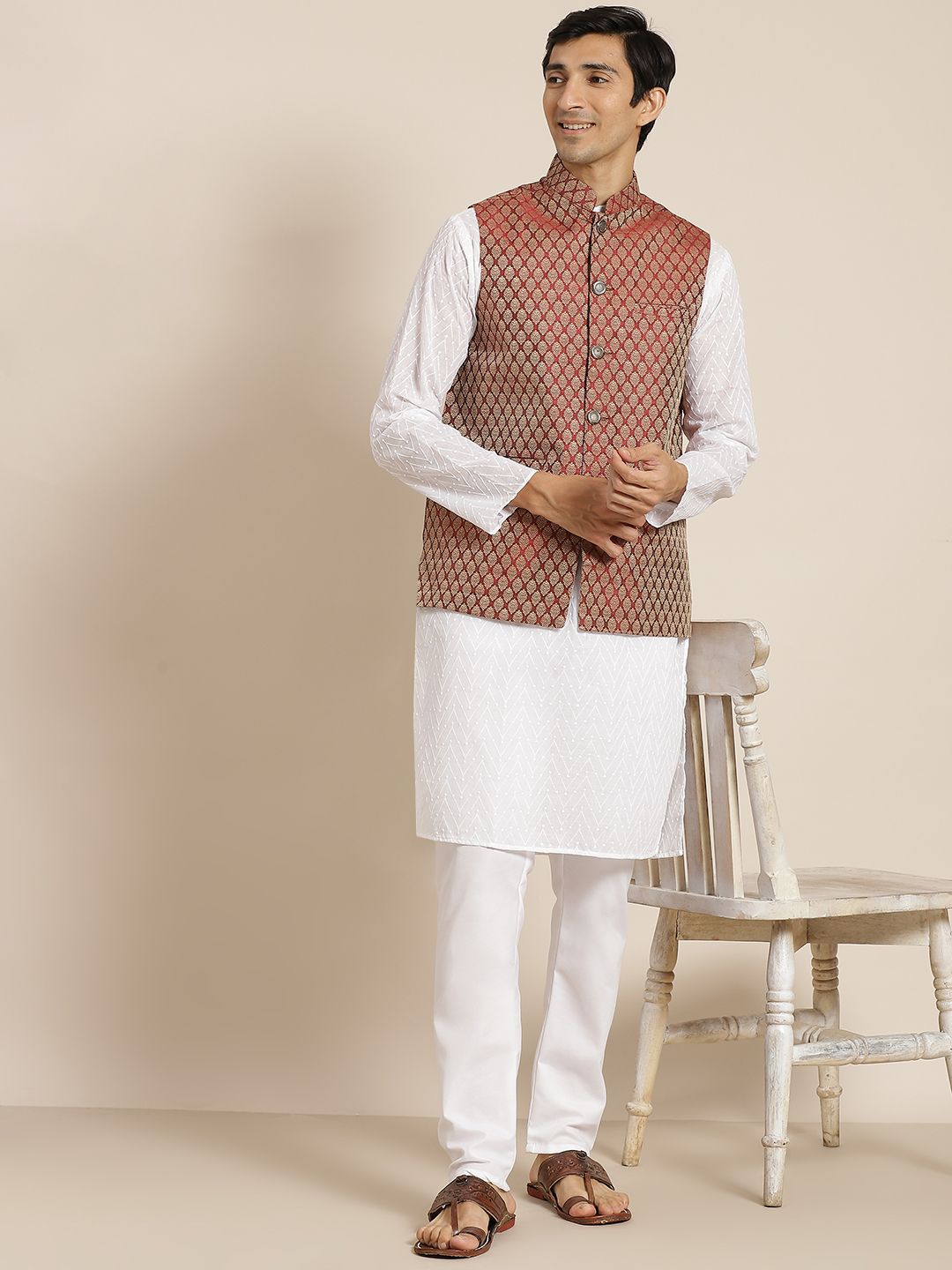 SOJANYA Men White Chikankari Pure Cotton Kurta with Churidar & Nehru Jacket
