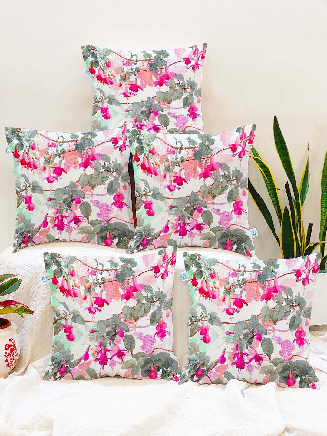 STITCHNEST Green & Magenta Set of 5 Floral Square Cushion Covers