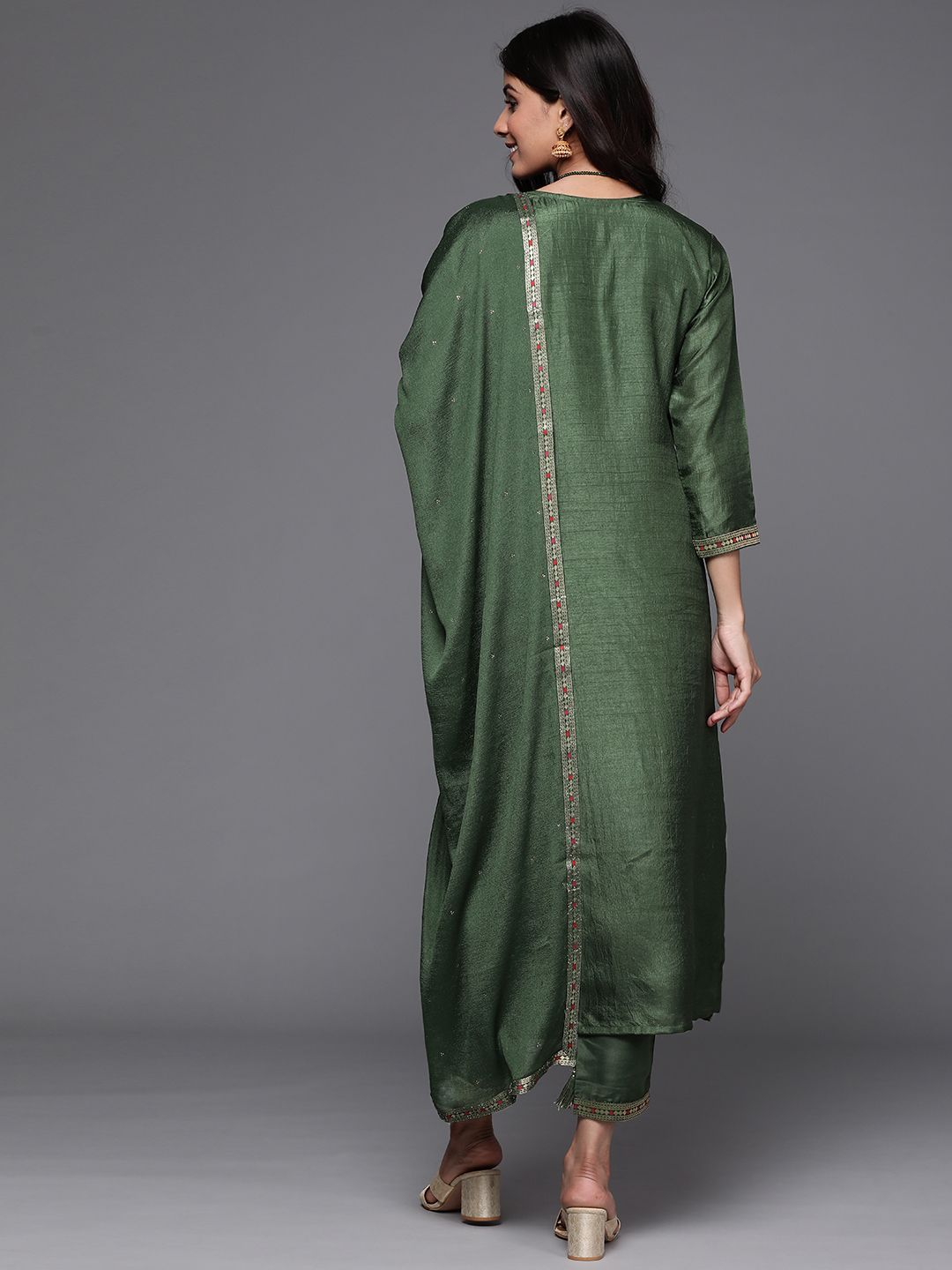 Libas Women Green & Gold Zari Woven Design Straight Kurta with Trousers & With Dupatta