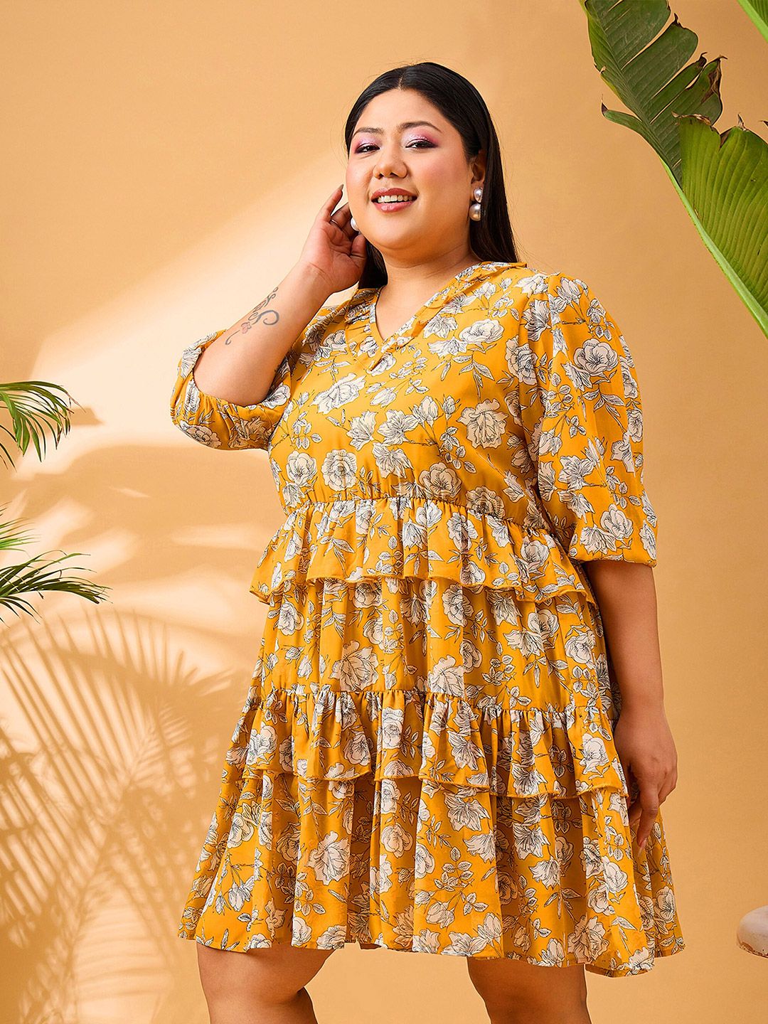 SASSAFRAS Curve Plus Size Floral Printed V-Neck Puff Sleeves Ruffle Georgette A-Line Dress