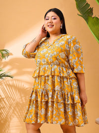 SASSAFRAS Curve Plus Size Floral Printed V-Neck Puff Sleeves Ruffle Georgette A-Line Dress