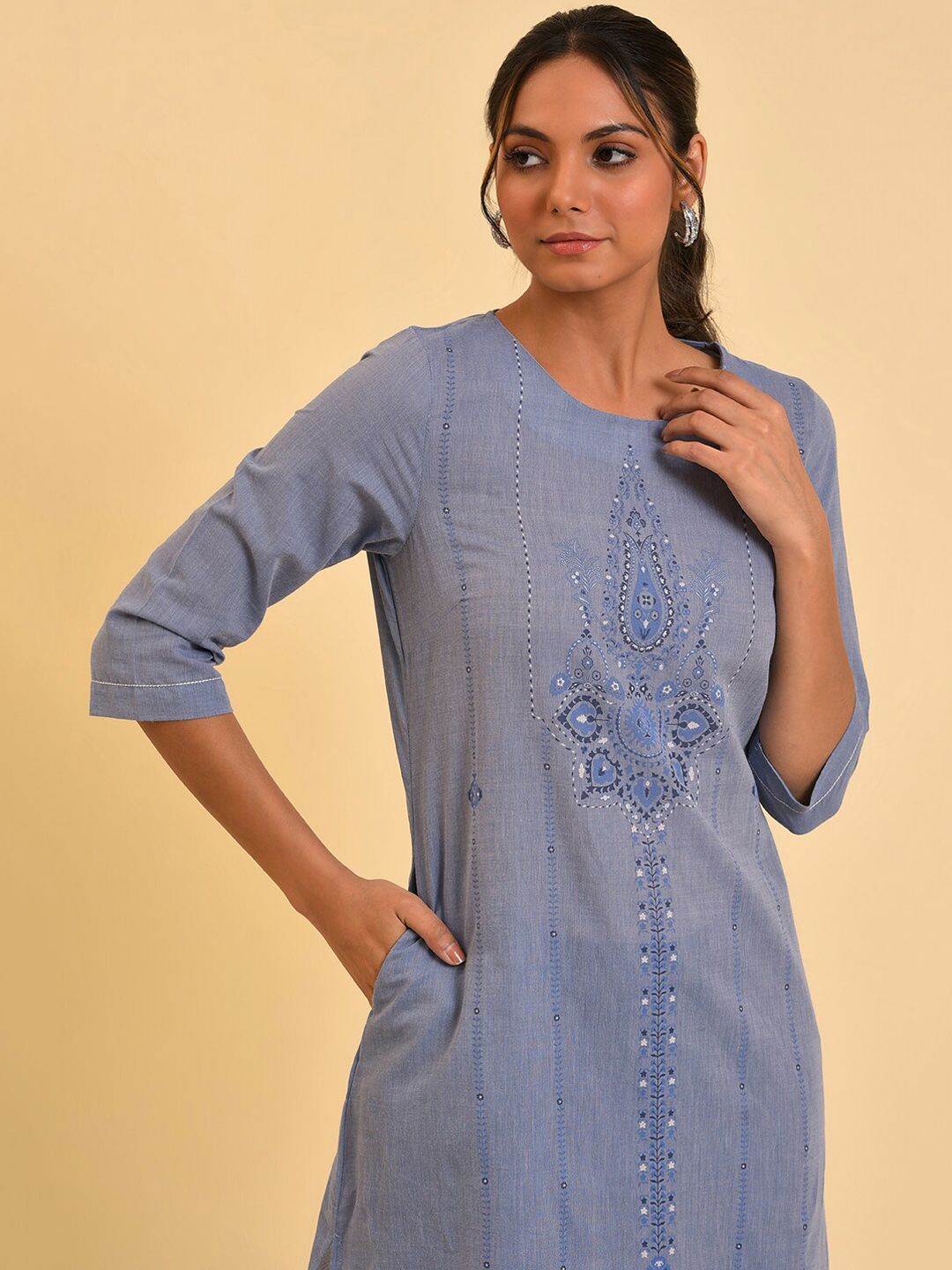 W Blue Ethnic Motifs Printed Pure Cotton Kurta