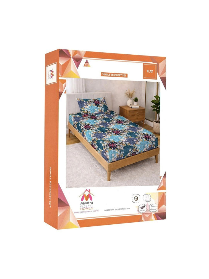 Myntra Elegant Homes Blue Floral 300 TC Single Bedsheet with 1 Pillow Covers