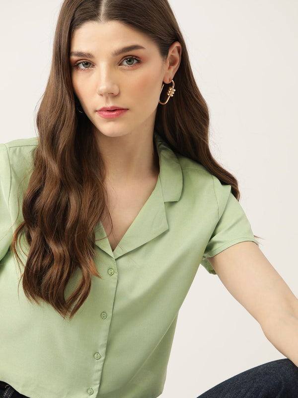 DressBerry Women Green Solid Casual Crop Shirt