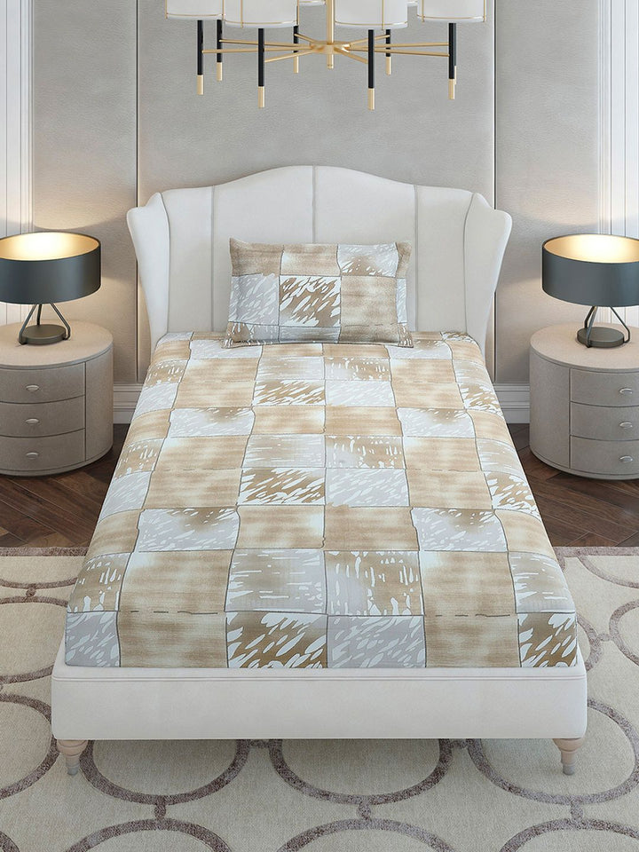 Monte Carlo Beige &amp; Grey Geometric Printed Cotton 104 TC Single Cadar Set-2.24mx 1.52m