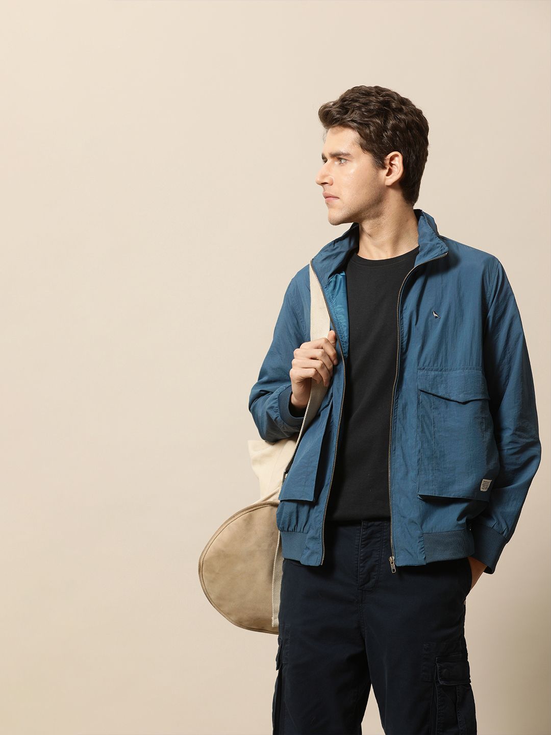 Mr Bowerbird Men Navy Blue Lightweight Solid Hooded Bomber Jacket