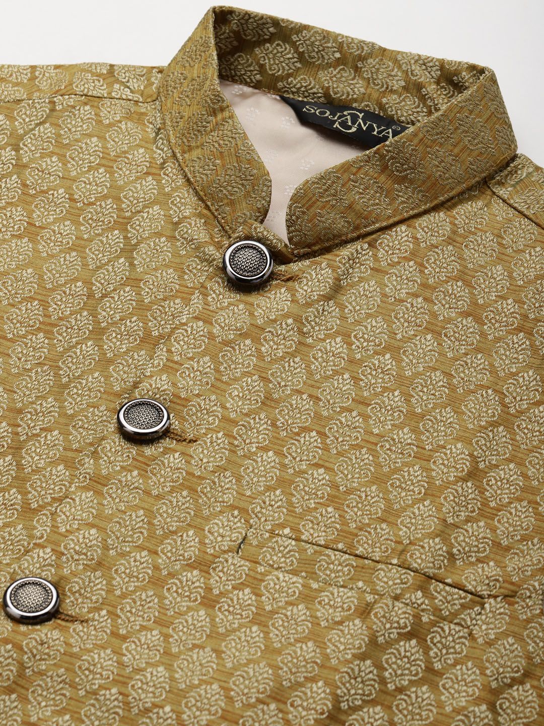 SOJANYA Lelaki Motif Etnik Hijau Zaitun & Jacquard Emas Kurta & Churidar dengan Jaket Nehru