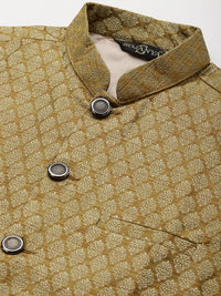 SOJANYA Lelaki Motif Etnik Hijau Zaitun & Jacquard Emas Kurta & Churidar dengan Jaket Nehru