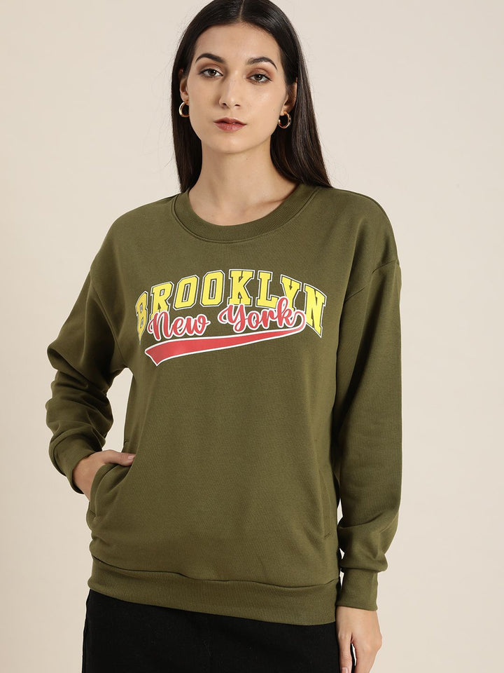 DILLINGER Women Olive Green Printed Oversized Sweatshirt