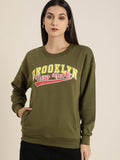 DILLINGER Women Olive Green Printed Oversized Sweatshirt