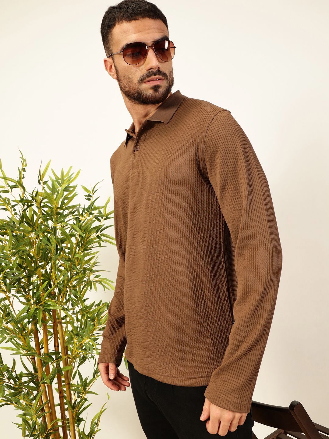 Thomas Scott Men Smart Self Design Polo Full Sleeves T-shirt
