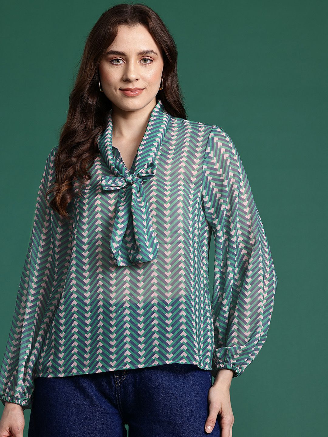 DressBerry Geometric Print Tie-Up Neck Puff Sleeves Top