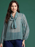 DressBerry Geometric Print Tie-Up Neck Puff Sleeves Top