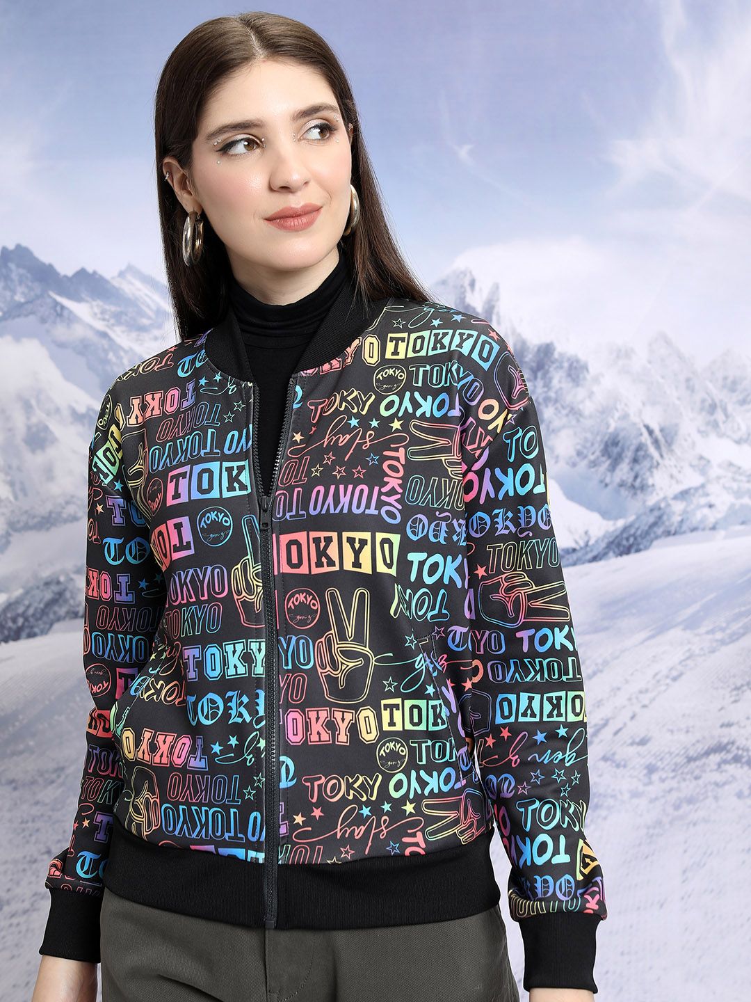 Tokyo Talkies Printed Mandarin Collar Crop Bomber Jacket