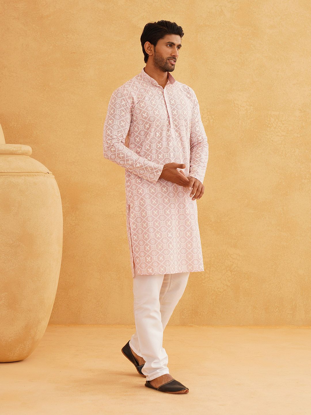 SOJANYA Ethnic Motif Embroidered Band Collar Thread Work Pure Cotton Kurta with Churidar